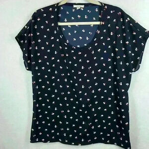 Pleione Women's Blouse Size L Navy w/White, Tan and Pink Geometric Print